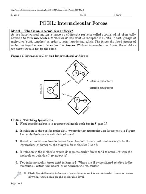 Pogil intermolecular forces answer key - intermolecular forces. (Forces that exist within molecules, such as chemical bonds, are called intramolecular forces.) The greater the strength of the intermolecular forces, the …
